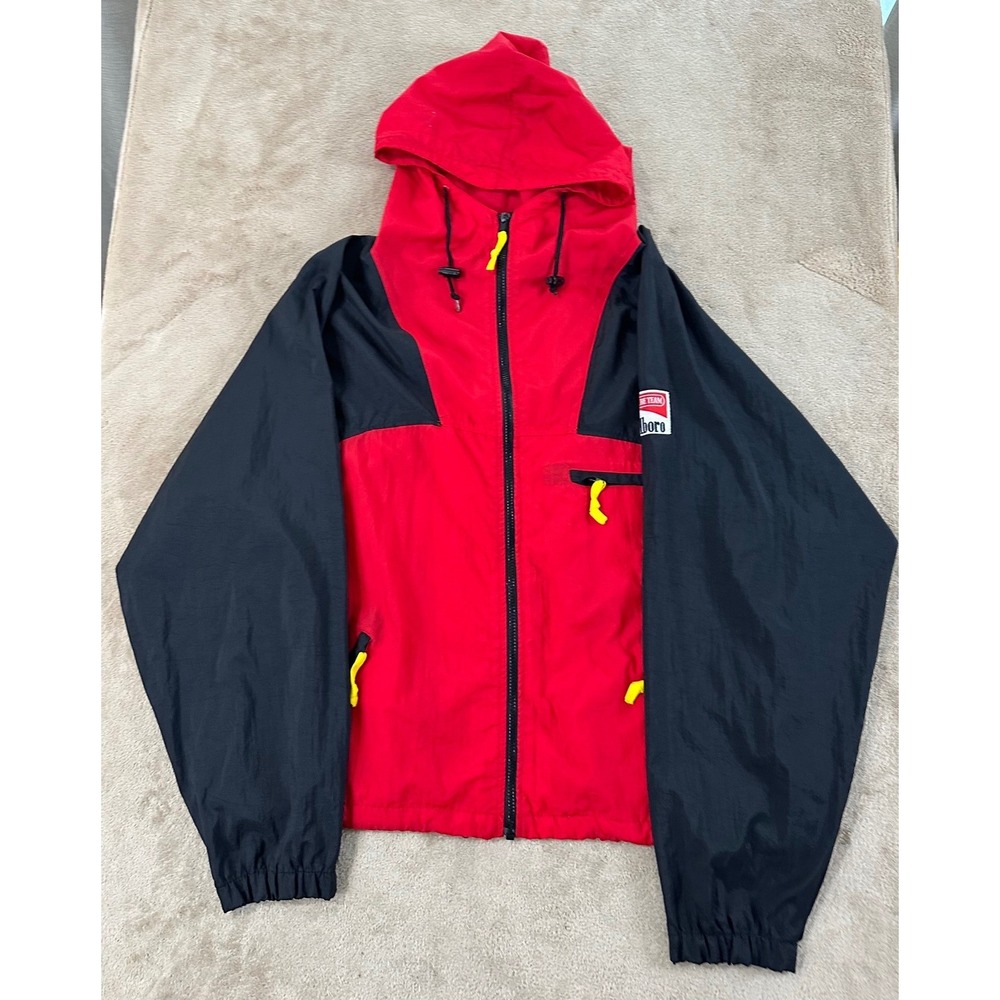 Vintage Marlboro Adventure Team Windbreaker Jacket Red Black Adult L Hooded Zip